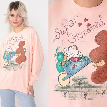 Super Grandma Sweatshirt 90s Peach Hand Painted Teddy Bear Rabbit Grandmother Pullover Sweater Garden Graphic Vintage 1990s Medium Large 