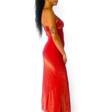 1990s Red Spaghetti Strap Gold Glitter Dress, sz. XS