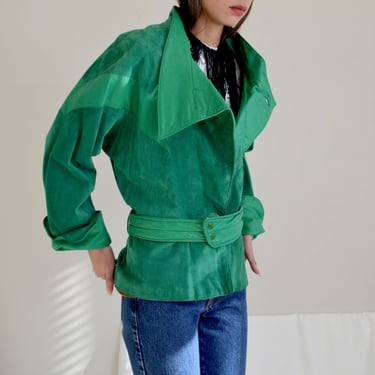 sea green suede and leather 80s new wave cropped moto jacket 