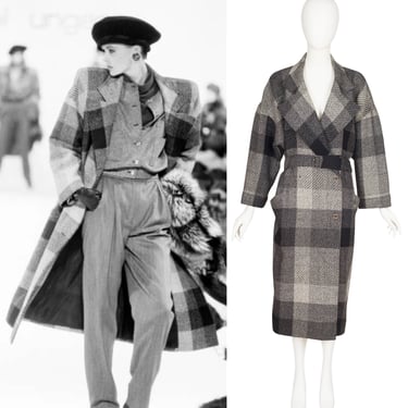 Emanuel Ungaro 1984-85 F/W Vintage Gray Plaid Wool Double-Breasted Coat 