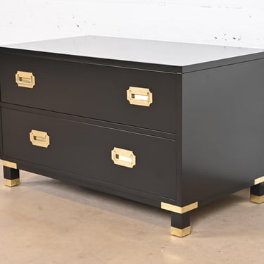 Baker Furniture Hollywood Regency Black Lacquered Campaign Commode or Chest of Drawers, Newly Refinished