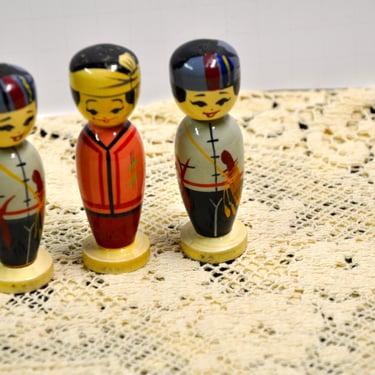 Traditional Kokeshi Dolls Set of 3 Japanese Asian Folk Art Dolls Wooden Hand Made & Painted Signed Collectible Gift for Her Vintage 