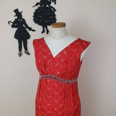 Vintage 1950's Embroidered Mermaid Dress / 60s Red Cocktail Dress M/L 