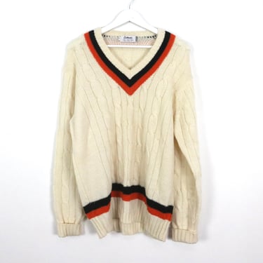 vintage men's WOOL color block RUGBY v-neck slouchy cable knit ENGLISH oversize sweater -- size xxl 