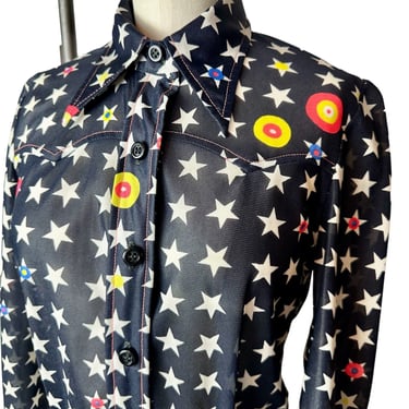1970’s Space-age retro button front cropped blouse/ jkt with Stars print~ psychedelic Groovy pointy collar 70’s color pop~ Small 