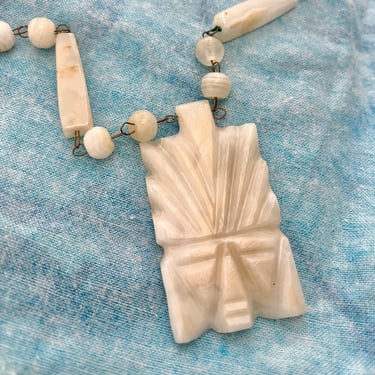 Carved Agate Quartz Necklace, Mayan Mask, Chunky Beads, Tribal Ethnic, Boho Bohemian, Vintage 60s 