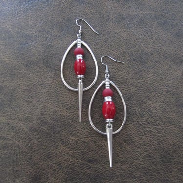 Silver and red agate teardrop hoop earrings 