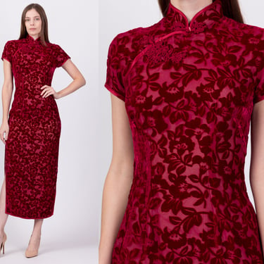 Vintage Red Silk Velvet Floral Cheongsam Dress, Deadstock - Small | Chinese Formal Maxi Side Slit Qipao 