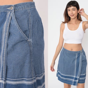 Checkered Wrap Skort Denim Culotte Skirt Blue Baggy Shorts 90s High Waisted Jean Skirt Wide Leg Liz Claiborne Vintage 1990s Short Medium 