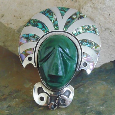 Cheo ~ Vintage Mexican Sterling Silver and Carved Stone Warrior with Headdress  Pendant / Pin 