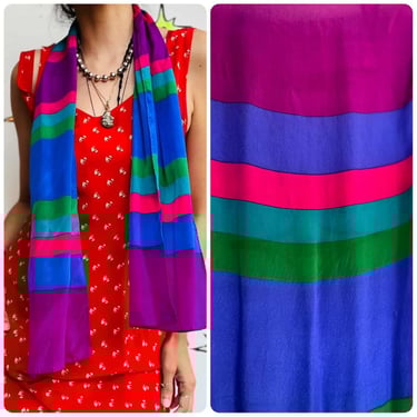 Vintage Liz Claiborne Rainbow Stripe Silk Scarf – Colorful Long Retro Accessory 