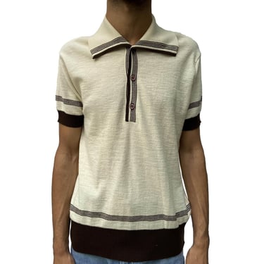 1970S Balmain White  Brown Cotton Knit Mens Nautical Polo Shirt 