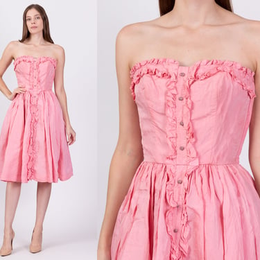 1950s Lanz Original Pink Fit & Flare Party Dress, As Is - Small | Vintage 50s Ruffle Trim Strapless Midi Gown 