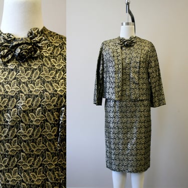 1960s Black and Gold Leaf Brocade Dress and Jacket 