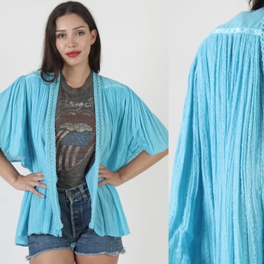 Vintage 80s Grecian Gauze Cover Up, Sheer Crochet Lace Trim, Teal Kimono Sleeve Beach Party Jacket 
