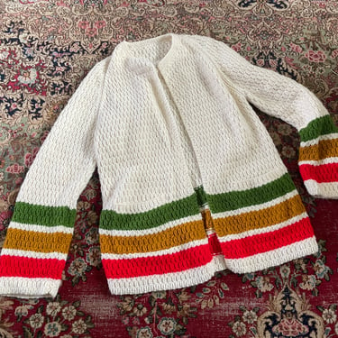 Vintage ‘70s handmade grandma crochet cardigan sweater, cream with stripes | cozy hand crocheted sweater, granny knit, S/M 