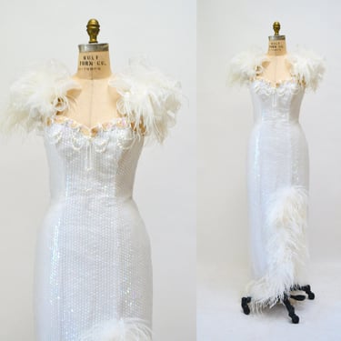 Vintage 80s Prom Dress Wedding Dress White Sequin Evening Gown With Feathers Small// 80s Vintage White Feather Sequin Pageant Dress Loralie 