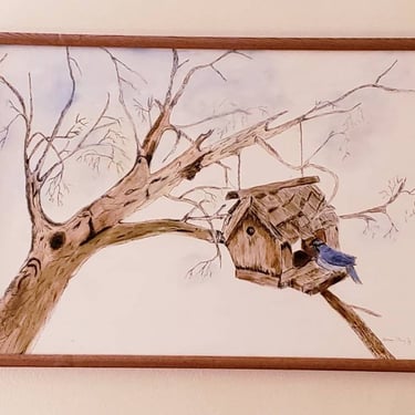 Professionally  Framed Winter Scene painting Bluebird at Bird feeder 