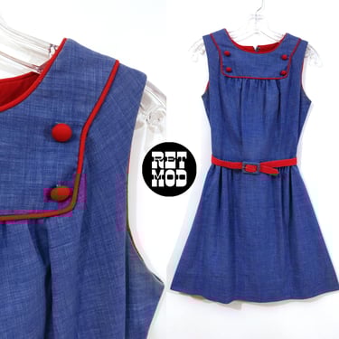 Sweet Vintage 60s 70s Blue Chambray Sleeveless Dress with Red Trim, Belt & Buttons 