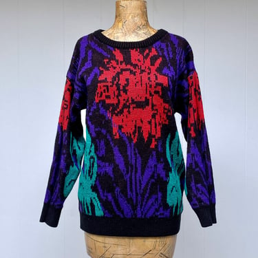 Vintage 1980s Slouchy Abstract Floral Sweater, Multi-Colored Pullover, New Wave Acrylic Novelty Knit, 44" Bust Medium 