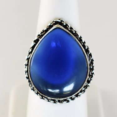 Big 70's iridescent blue glass 925 silver size 7.5 rocker ring, faux iolite sterling teardrop boho solitaire 