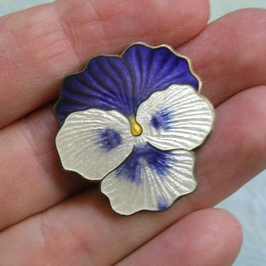 Vintage Sterling Enamel Pansy Pin Brooch, Sterling Guilloche Pin, Old Sterling Pin With Pansy Motif (#4413) 