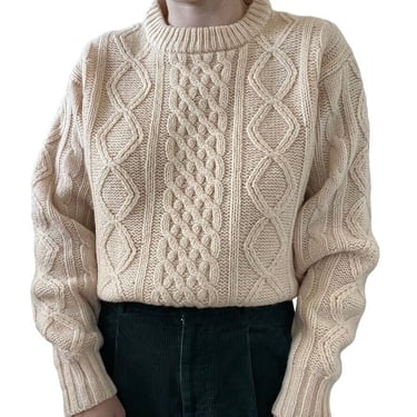 Vintage 1960s Womens Thane Cream Wool Fisherman Cable Knit Chunky Sweater Sz L 