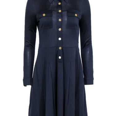 Tory Burch - Navy Silk Pleated Shirt Dress Sz S