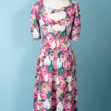 Cute 80s Floral Print Cotton Dress with Triple Bow Open Back (M-L) 