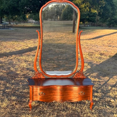 Antique Dressing Vanity with Standing Full Length Beveled Mirror and Full Size Drawer 