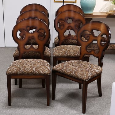 Set of 6 Arhaus Jordan Dining Side Chairs in Dark Finish with Damask Seats