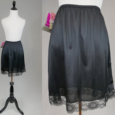 80s Black Half Slip - Deadstock w/ Tags - Nylon Skirt Slip - Lace Trim Hem - Vintage 1980s - Size L Large 
