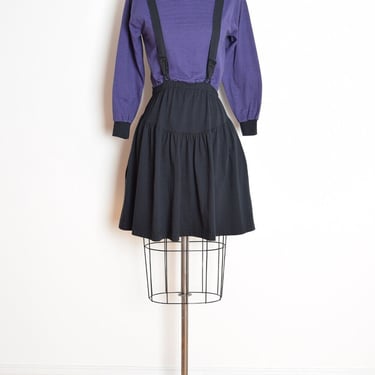 vintage 80s dress black purple striped knit suspender mini dress outfit S clothing 