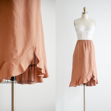 cottagecore linen skirt | 90s y2k vintage terra cotta orange light brown ruffled hem knee length skirt 