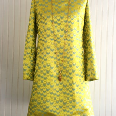 1960-70s - Mod - Aline - Cocktail Dress - Gold/Chartreuse/Blue - Estimated size 12/14 