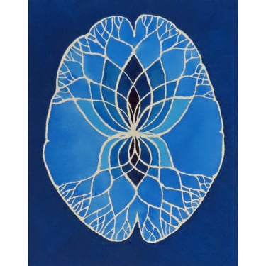 Deep Blue Lotus Brain  -  original watercolor painting - neuroscience art 