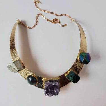 Brass hammered choker or crown with multi crystal stones by Amanda Alarcon-Hunter for Minx and Onyx 