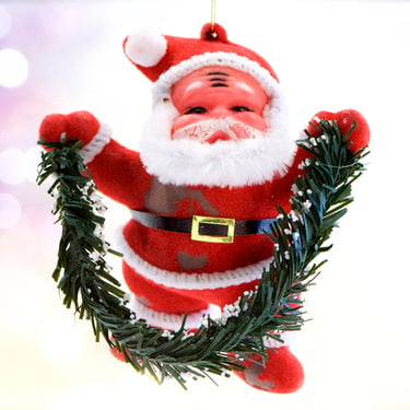 VINTAGE: Plastic Flocked Santa Ornament - Saint Nicholas, Saint Nick, Kris Kringle - Holiday, Christmas, Xmas - SKU Tub-400-00033771 