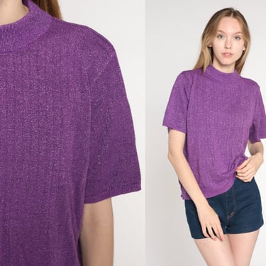 70s Knit Top Metallic Purple Shirt Boho Short Sleeve Sweater Top Mock Neck Bohemian Party Sweater Retro Vintage 1970s Ribbed Extra Large xl 