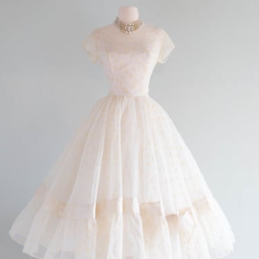 Vintage 1950's Tea Length Wedding Dress With Bows & Full Skirt / SM