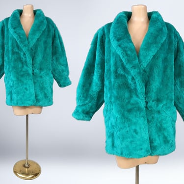 VINTAGE 80s Bold Teal Faux Fur Coat by Peabody House | 1980s Green Blue Fun Fur Teddy Bear Jacket | vfg 