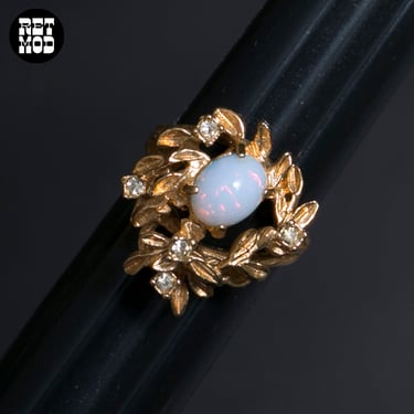 Lovely Vintage Gold & Opal Style Costume Ring with Leaves 