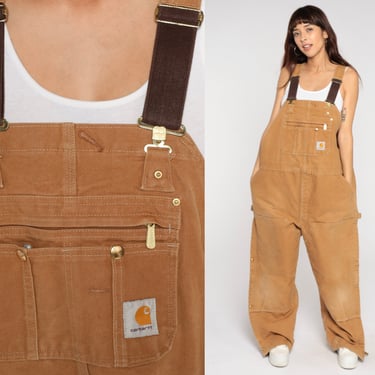 Y2k Carhartt Overalls Brown Insulated Coveralls Cargo Dungarees Workwear Jumpsuit Pants Retro Utility Vintage 00s Mens Extra Large 48 x 30 