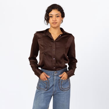 Vintage Y2K Dolce & Gabbana Chocolate Brown Silk Blouse - Medium | 2000s Designer Minimalist Long Sleeve Collared Shirt 