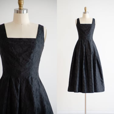 black silk dress 50s style Makola Italy black brocade fit and flare midi dress 