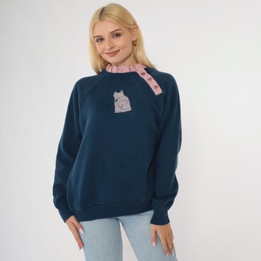 90s Cat Sweatshirt Cross-Stitch Kitten Sweater Animal Sweatshirt Vintage Navy Blue Graphic Crewneck Raglan Sleeve Ruffle Collar Large L 