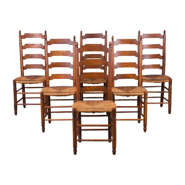 Country French Provincial Ladder Back Oak Dining Chairs W/ Rush Seats - Set of 6 