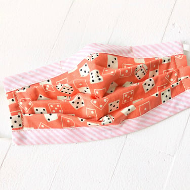 Pleated Dice Print Mask, Dominoes Face Mask, Orange + Pink, Fun Mixed Print, 3 Ply Cotton, Medium Size, Reversible, Nose Wire, Filter Pocket 
