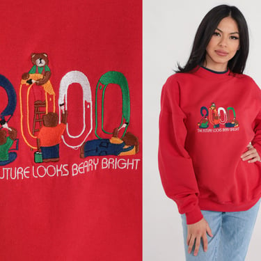 2000 Sweatshirt Y2k Teddy Bear Sweatshirt Future Looks Beary Bright Embroidered Graphic Sweater Retro Bears Red Vintage 00s Extra Large xl 