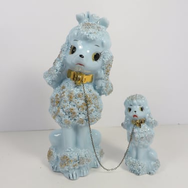 Vintage Blue Spaghetti Poodle Figurines - Pair of Blue Porcelain Spaghetti Trim Poodles 